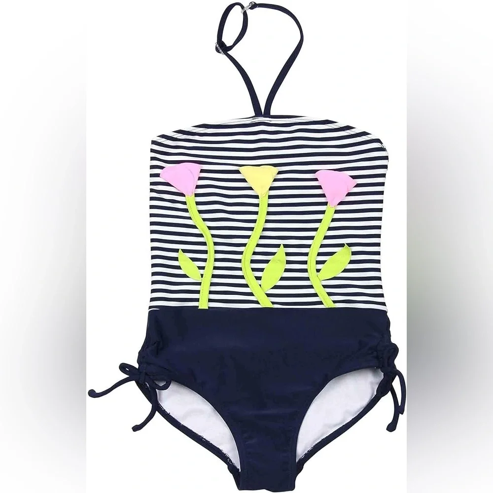 NWT Kate Mack Toddler Navy Stripes with Flowers One Piece Swimsuit, 4 - Picture 1 of 6